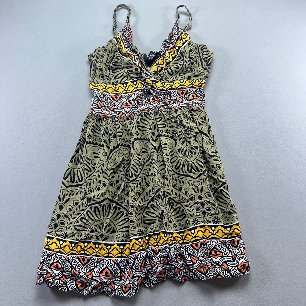 Angie Mini Dress Womens L Multicolor Abstract Floral Pleated Boho Cutout Smocked
